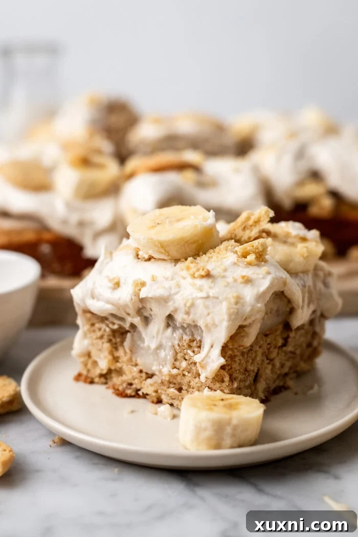 slice of vegan banana pudding cake on a plate