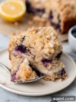 slice of vegan lemon blueberry coffee cake on a plate