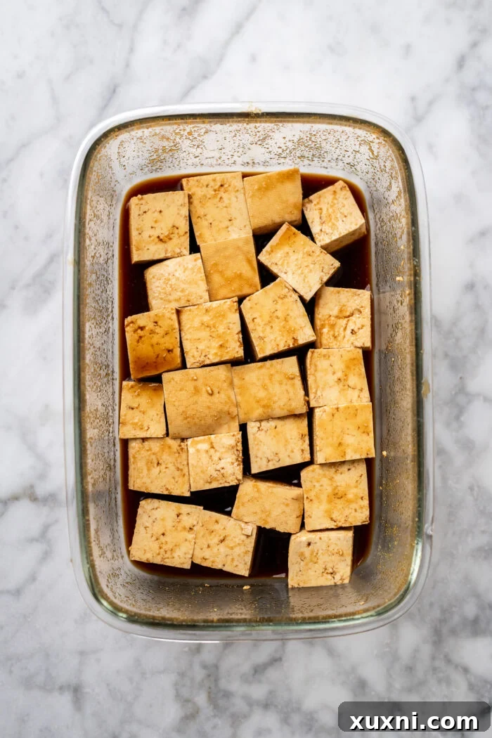 Cubed tofu soaking in a rich, savory marinade in a mixing bowl.