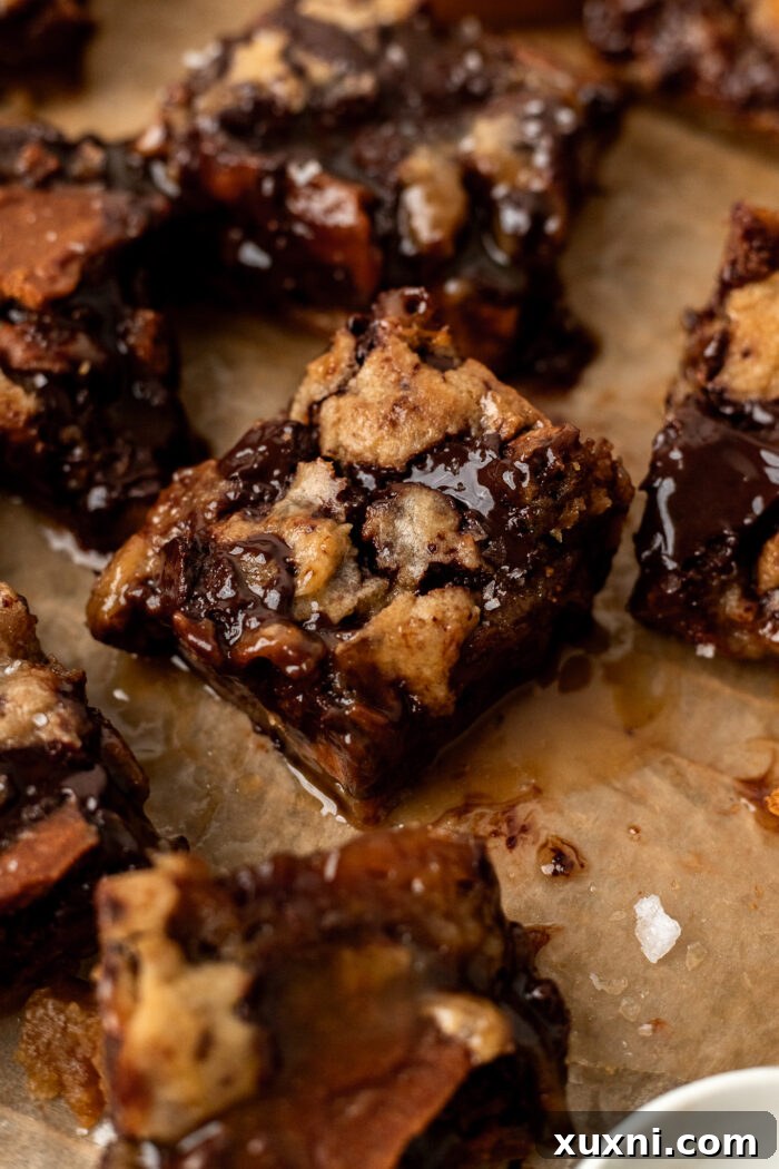 Heavenly Vegan Biscoff Butterscotch Bars 11 sliced cookie bars on parchment paper with a bite taken out