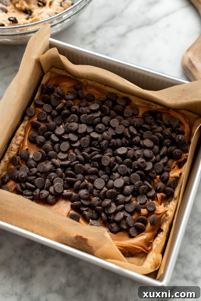 Heavenly Vegan Biscoff Butterscotch Bars 8 layering Biscoff cookie butter and chocolate chips on the baked base