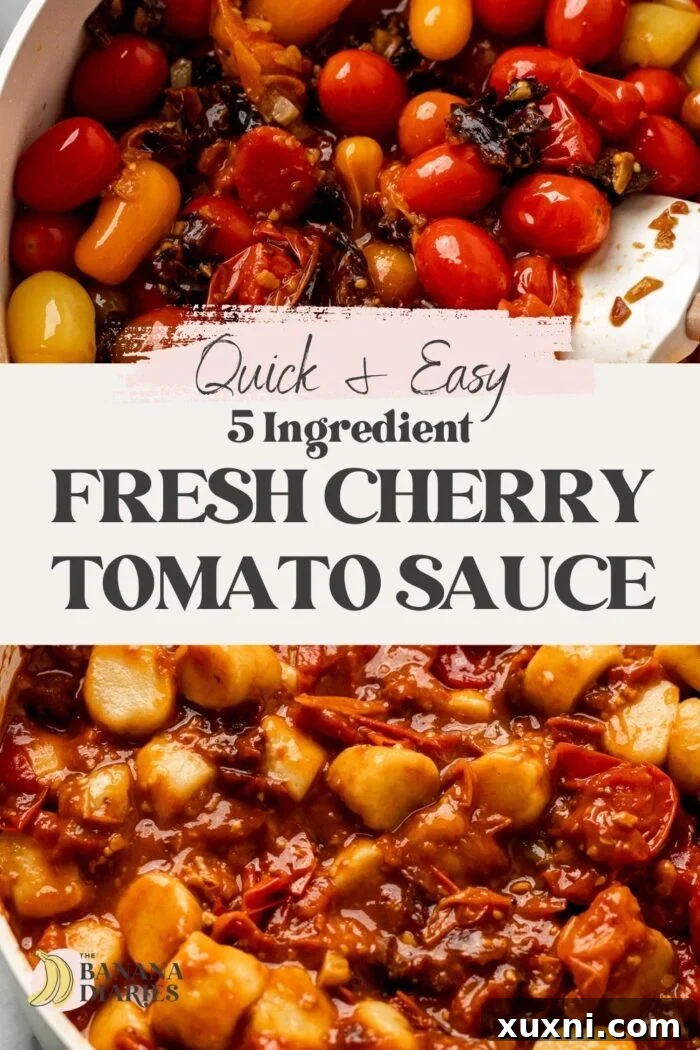 Pinterest Pin for Fresh 5 Ingredient Homemade Burst Cherry Tomato Sauce Recipe - featuring the pasta dish.