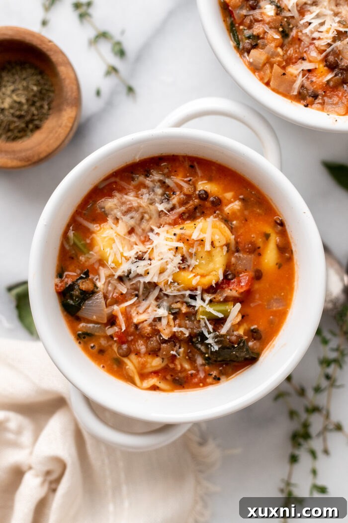 A steaming bowl of creamy vegan tortellini soup, garnished with fresh herbs and a sprinkle of vegan parmesan, showcasing its rich texture and vibrant colors.