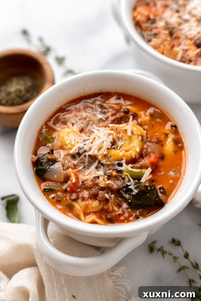 A vibrant bowl of creamy vegan tortellini soup, served in a white bowl with a spoon, highlighting the contrasting colors of the red broth, green kale, and pale tortellini.