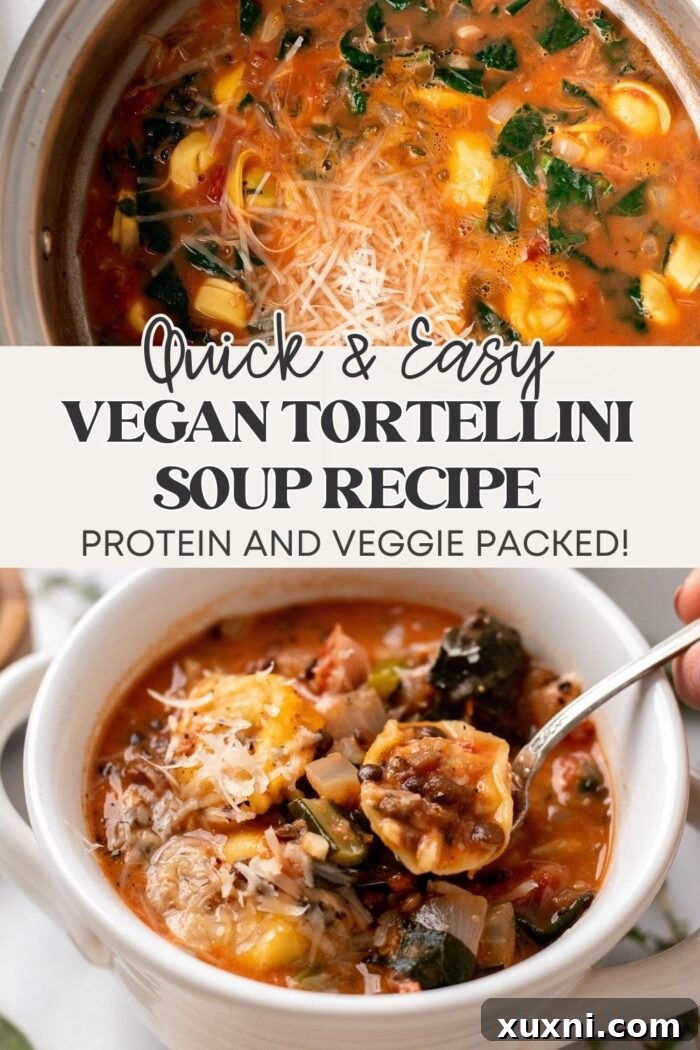 Pinterest pin for 30 Minute Easy Vegan Tortellini Soup Recipe, showing a vibrant bowl of soup with text overlay.