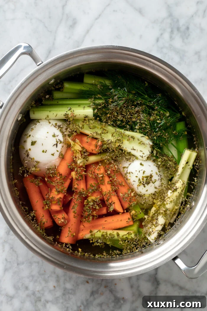 Freshly chopped vegetables for making stock, in a large pot