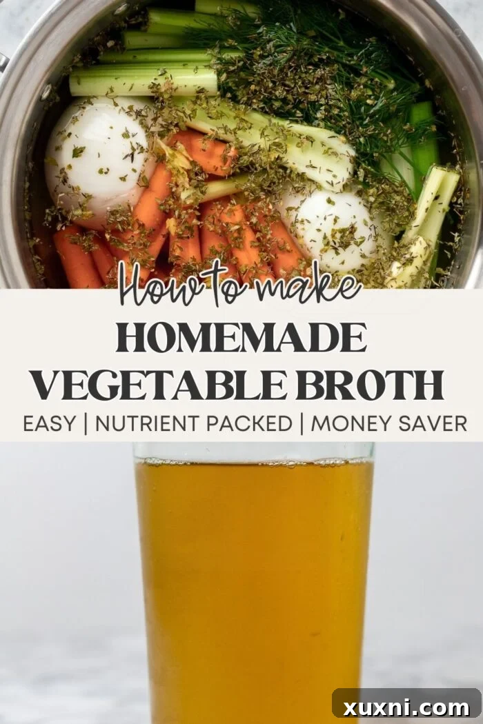 Pinterest pin graphic for Fresh and Simple Homemade Basic Vegetable Broth Recipe