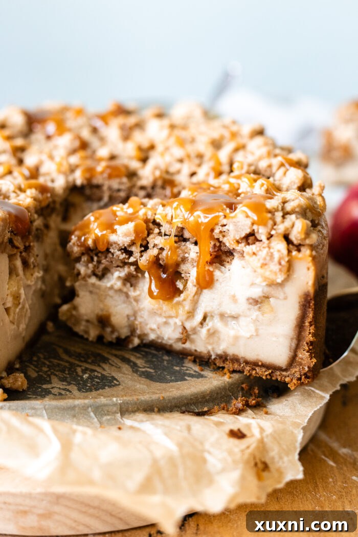 slice of apple crumble cheesecake on board
