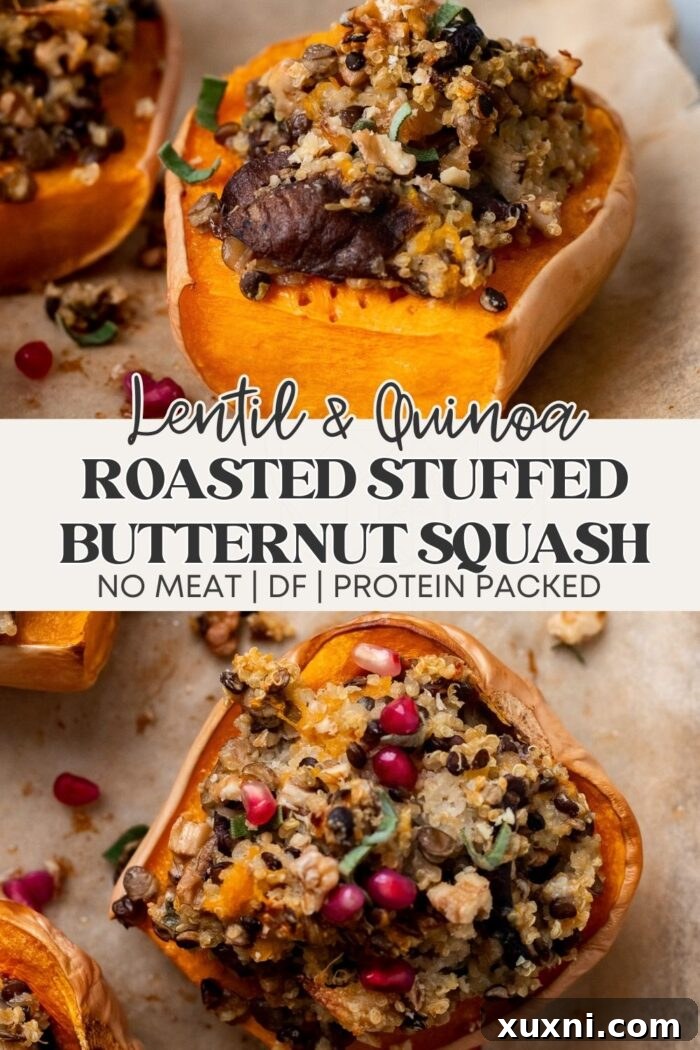 Pinterest pin featuring a beautifully roasted and stuffed butternut squash, garnished with fresh herbs, with recipe title overlay.