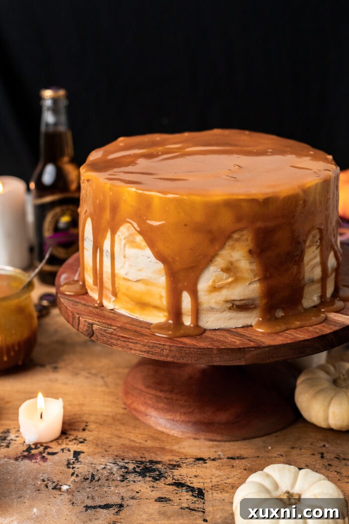 The assembled vegan butterbeer cake, frosted and filled, awaiting final touches.