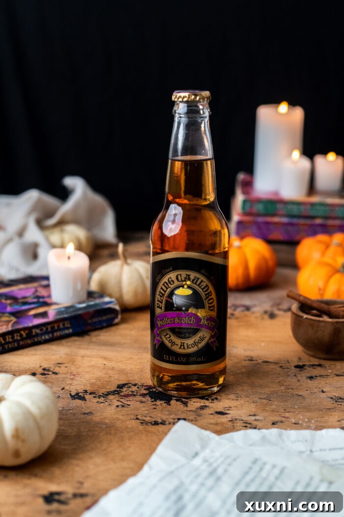 A bottle of vegan butterbeer, perfect for our magical cake recipe.