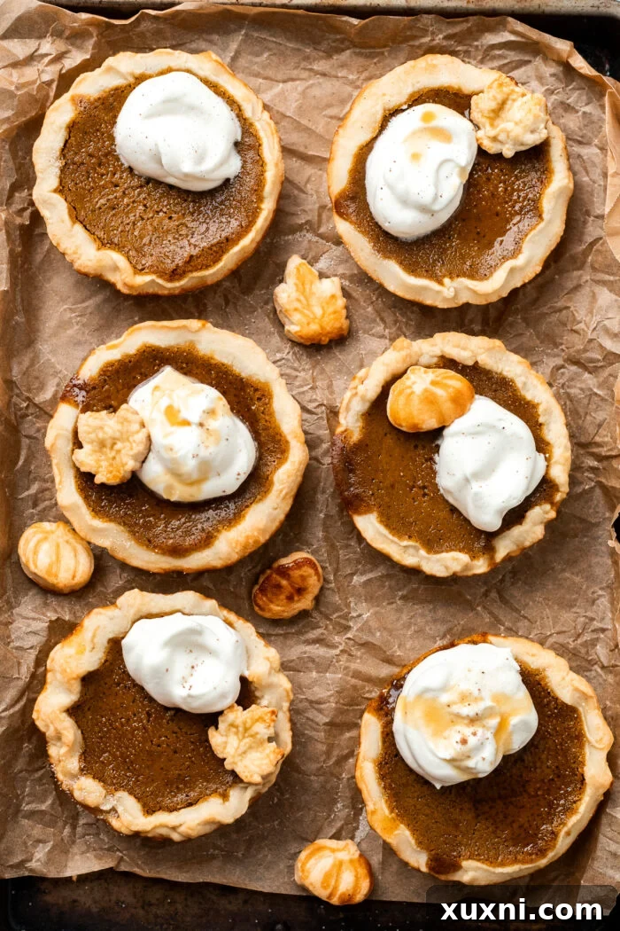 Six mini vegan eggnog pumpkin pies artfully arranged on a baking sheet with parchment paper, showcasing their golden crusts and creamy filling.