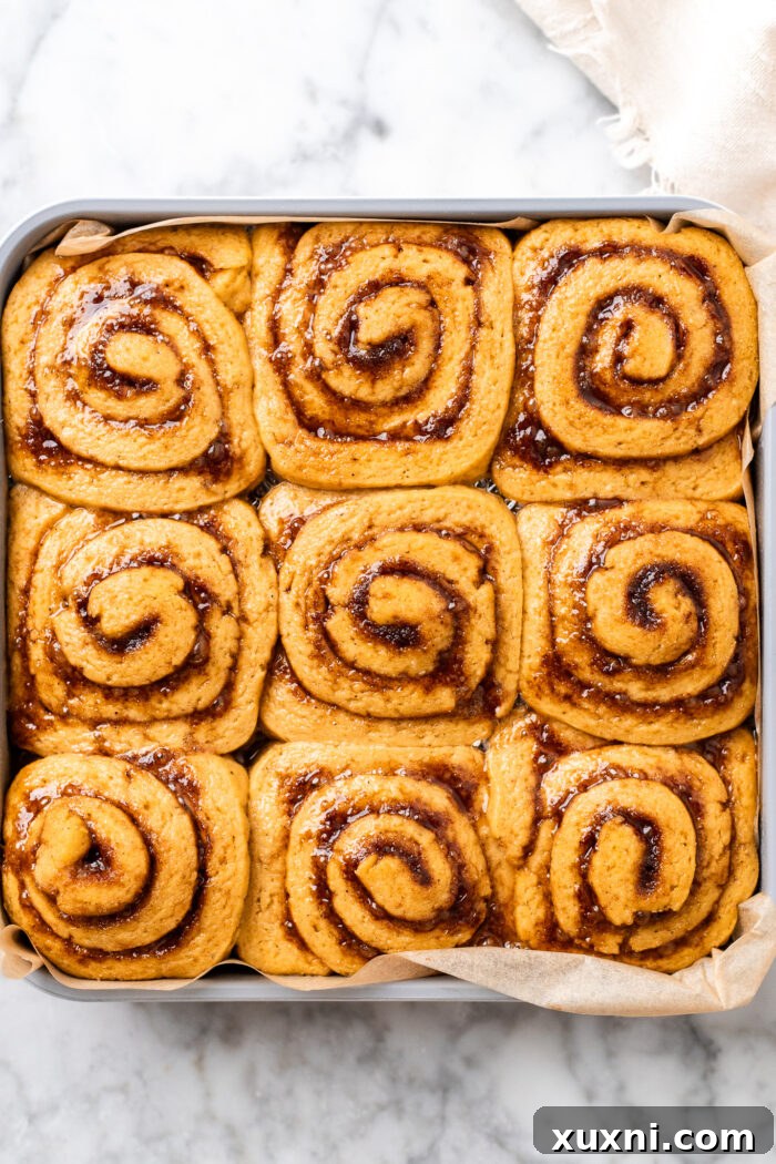 Fully risen gluten-free pumpkin cinnamon rolls, visibly puffed up and doubled in size in a baking dish, indicating they are ready for the oven.