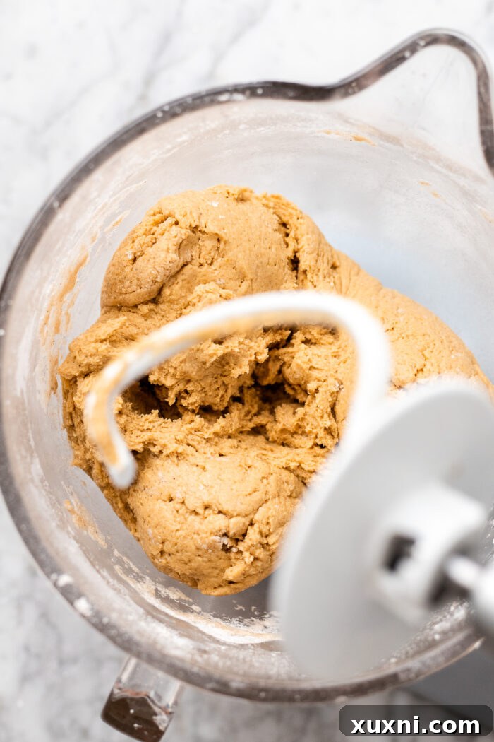 Smooth, cohesive gluten-free pumpkin cinnamon roll dough, freshly kneaded in a stand mixer bowl, demonstrating its perfect consistency before rolling.