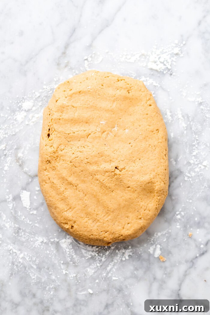 Gluten-free pumpkin cinnamon roll dough, lightly dusted with tapioca starch, positioned on a clean surface and ready for rolling.