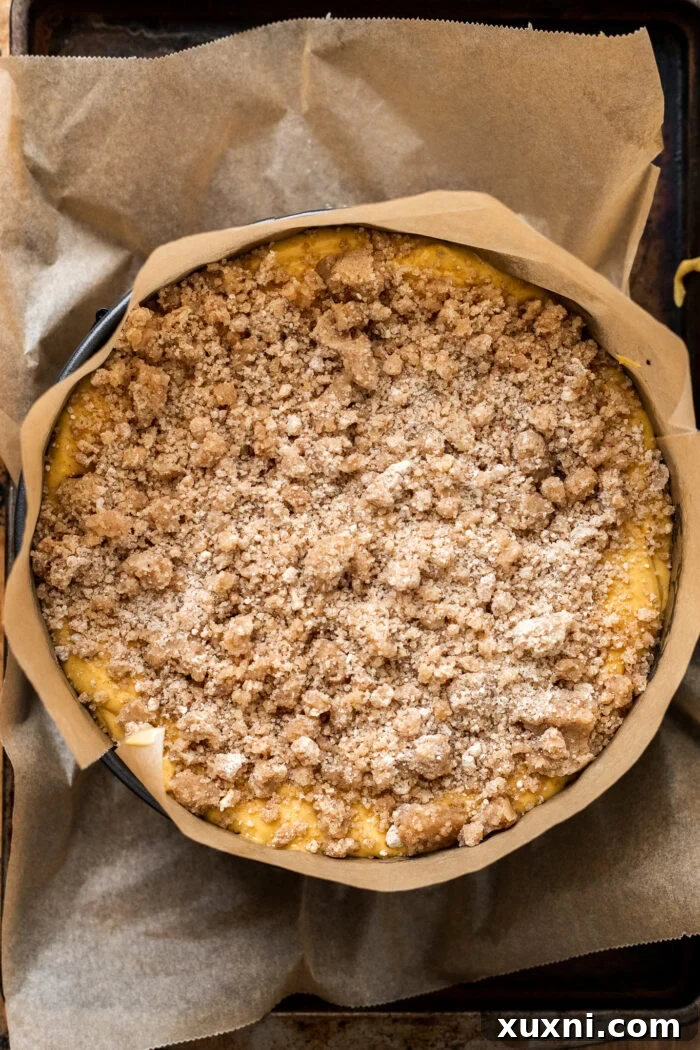 pumpkin cheesecake before baking with streusel topping