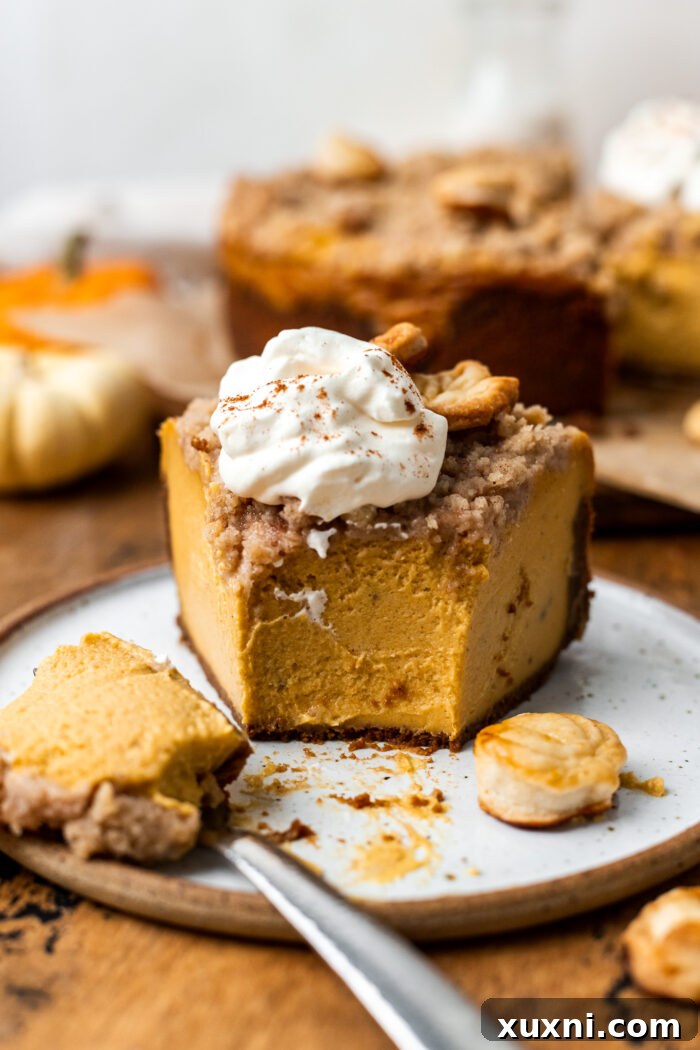 slice of vegan pumpkin cheesecake with bite taken from it