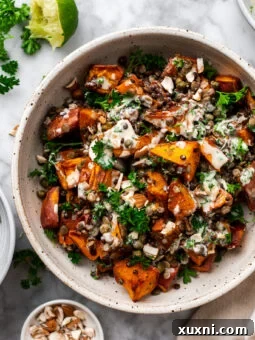 Simple roasted sweet potato lentil salad in a bowl