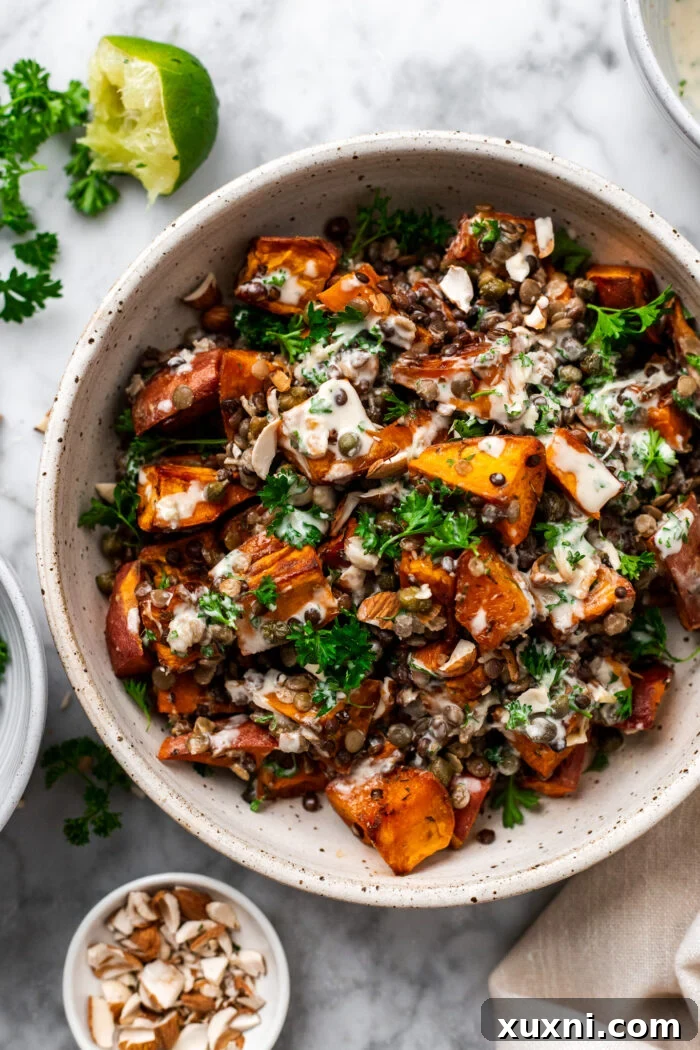 Warm lentil salad in a bowl, ready to be served