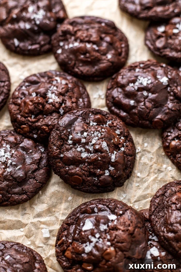 Effortless Fudgy Vegan Brownie Cookies 2 Fudgy Vegan Brownie Cookies on parchment paper, showcasing their signature crinkle tops