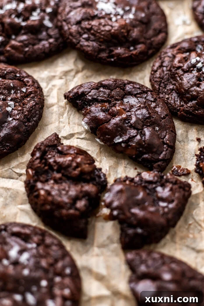 Effortless Fudgy Vegan Brownie Cookies 12 Two broken open brownie cookies showcasing the rich, dense texture