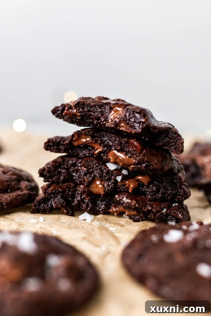 Effortless Fudgy Vegan Brownie Cookies 4 A stack of perfectly baked vegan brownie cookies