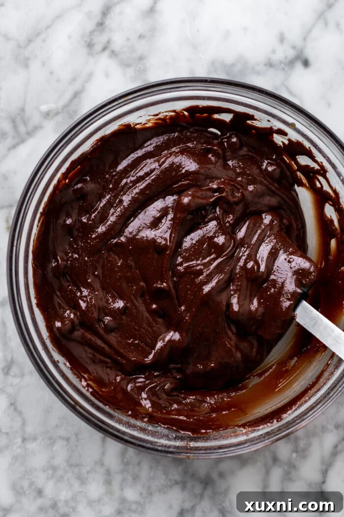 Effortless Fudgy Vegan Brownie Cookies 8 Finished brownie batter in a bowl, ready for chocolate chips