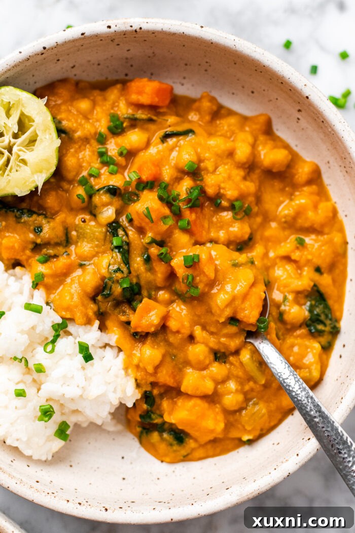 Creamy Peanut Butter Sweet Potato Curry with Chickpeas and Kale 12 Close-up of a spoonful of sweet potato curry, showing the rich, creamy texture and hearty ingredients.