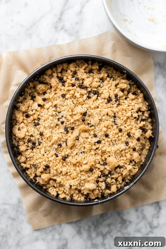 The fully assembled crumb cake, topped with a generous layer of crumble and chocolate chips, ready to be baked to golden perfection.