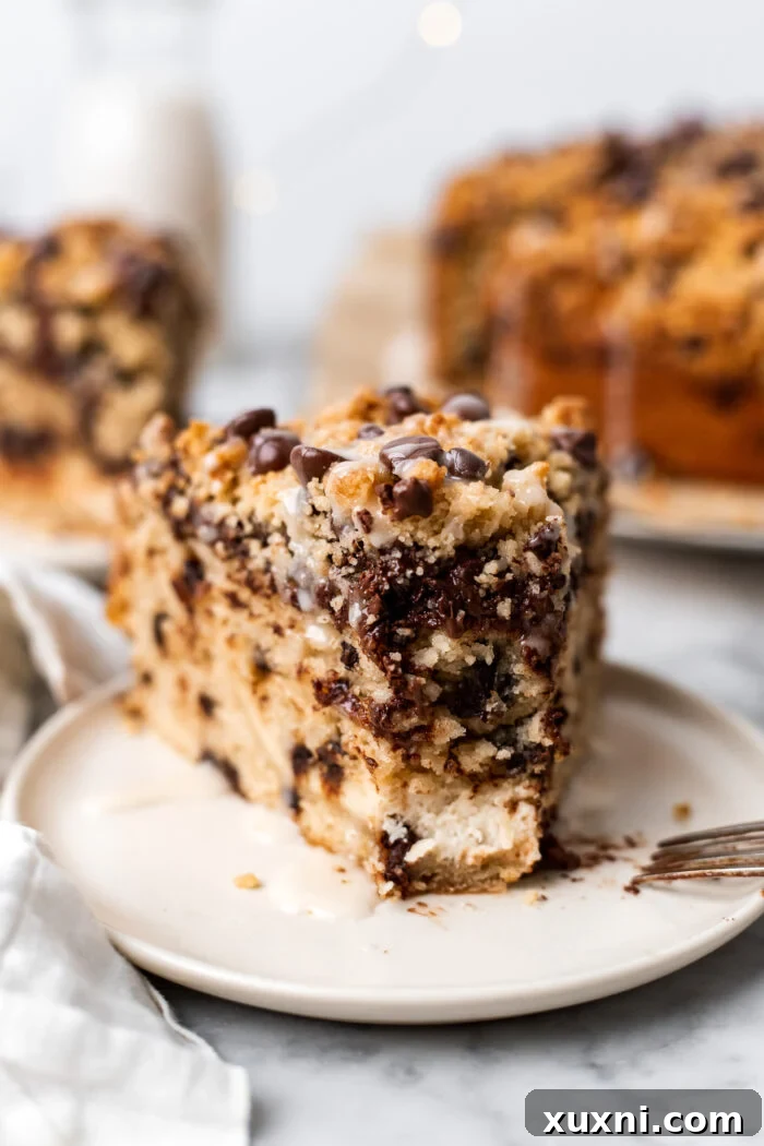 Multiple slices of the perfectly baked vegan chocolate chip coffee cake arranged neatly on a serving board, showcasing its enticing layers and crumb topping.
