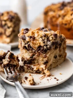 A vibrant slice of vegan chocolate chip coffee cake with a rich cream cheese swirl, perfectly presented on a plate, tempting for a bite.