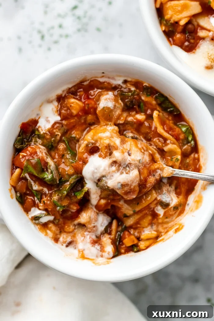 bowl of vegan lasagna soup
