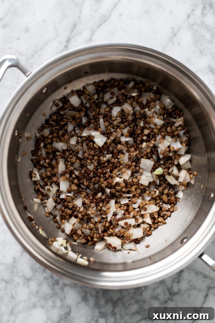 lentils onions and garlic cooking in a large pot