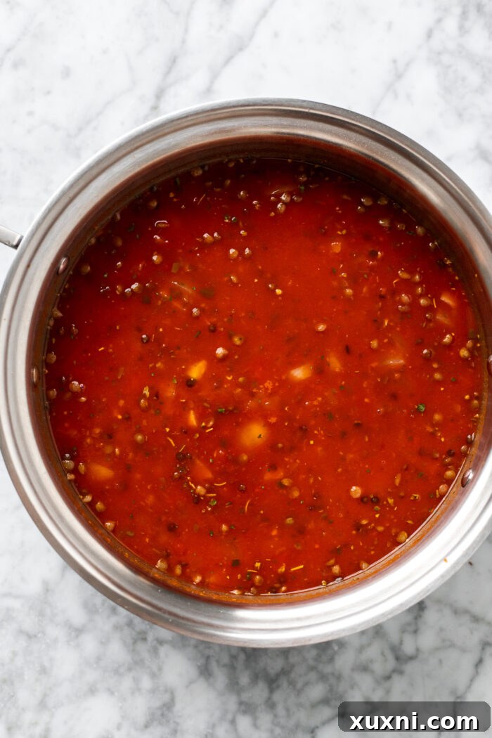 tomato broth added to lasagna soup