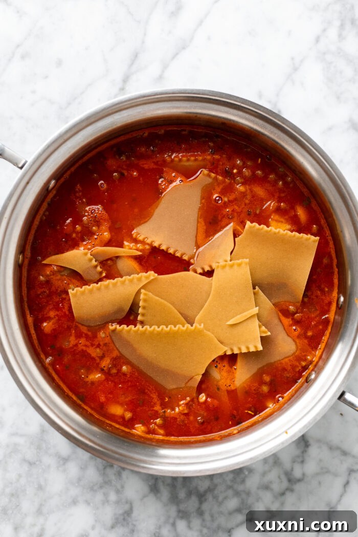 lasagna noodles uncooked stirred into vegan lasagna soup pot