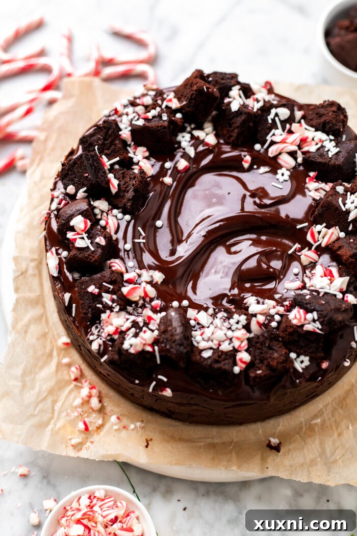 Fully decorated vegan chocolate peppermint brownie cheesecake with ganache, brownie bites, and peppermint candies.