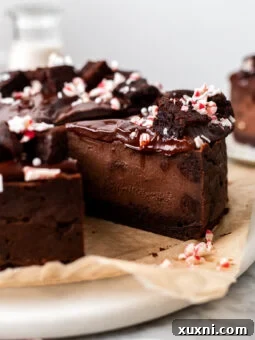 sliced vegan peppermint brownie cheesecake