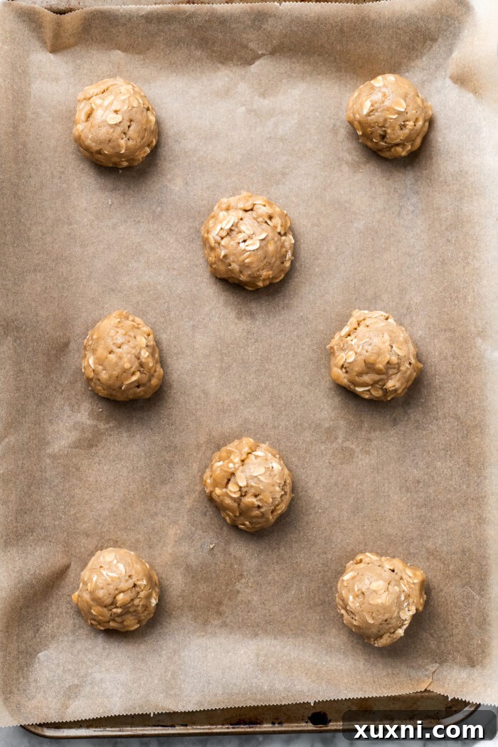 Easy Soft and Chewy Vegan Oatmeal Cream Pies 8 Scooped oatmeal cookie dough balls arranged on a baking sheet