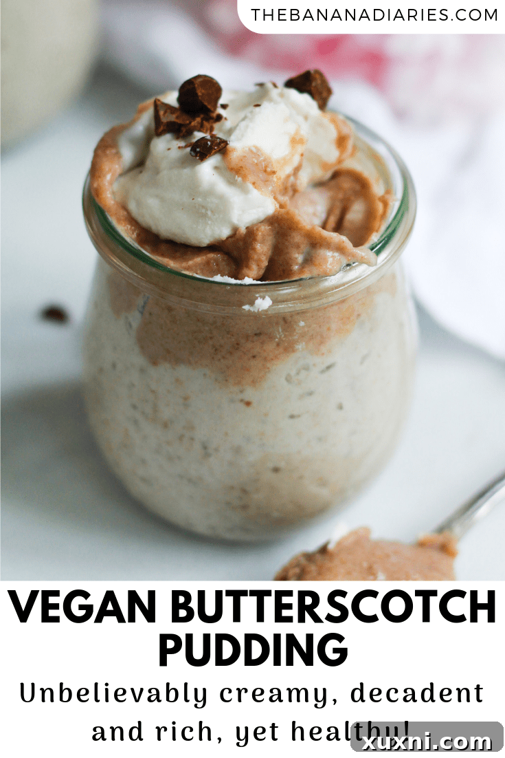 A stunning Pinterest image featuring jars of vegan butterscotch pudding, tempting viewers to save the recipe.