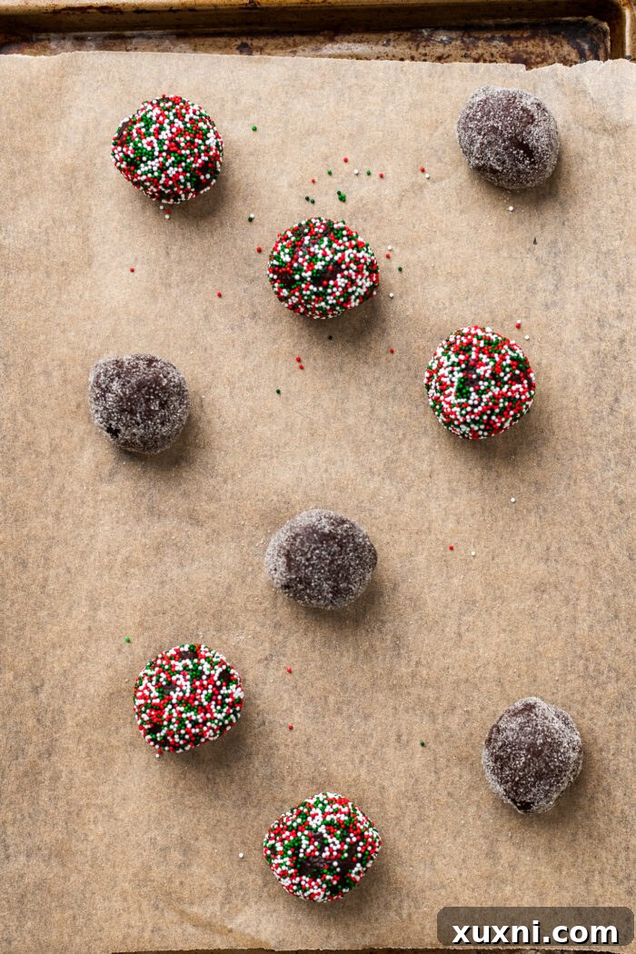 Unbaked vegan chocolate blossom cookie dough balls rolled in sprinkles on a baking sheet.