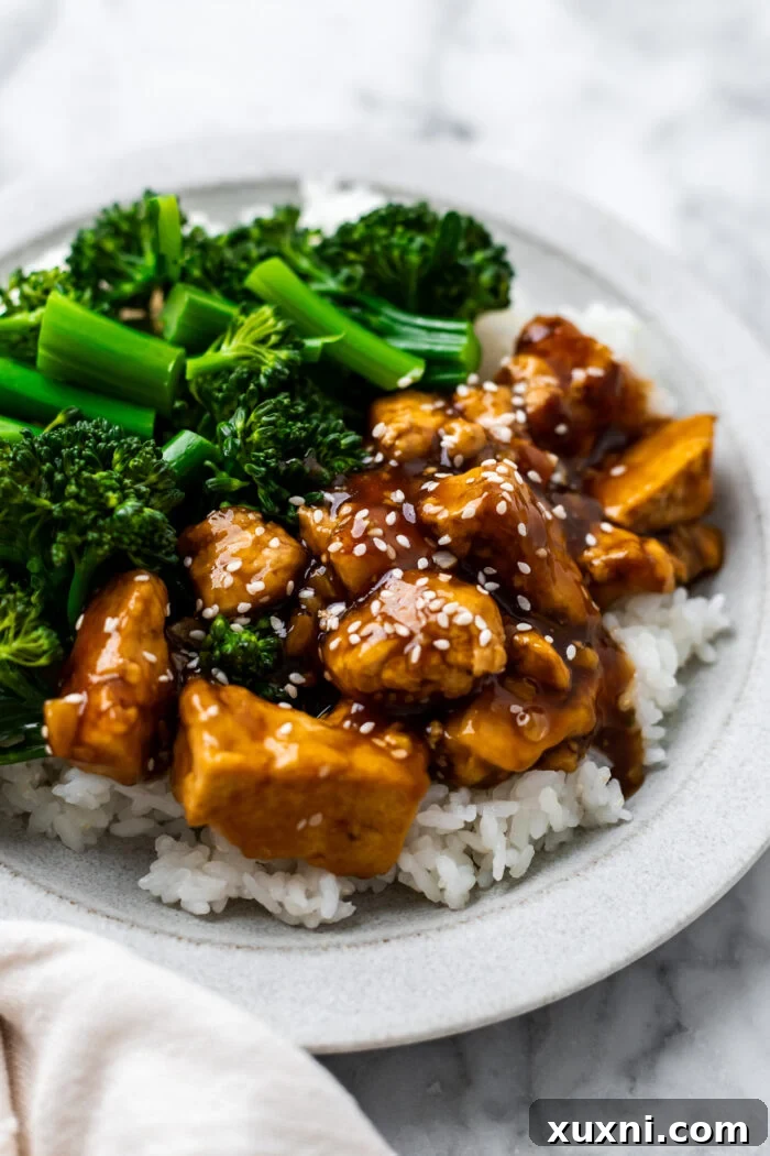 plate of tofu teriyaki with broccoli and rice