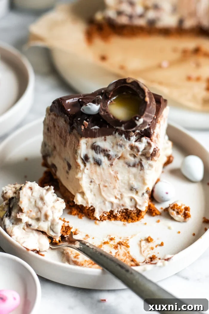 A close-up of a bitten slice of vegan Easter egg cheesecake, showing the candy pieces within