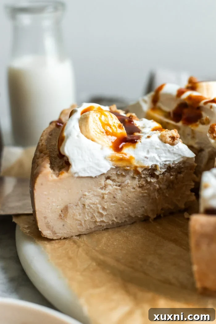sliced vegan banana bread cheesecake with caramel