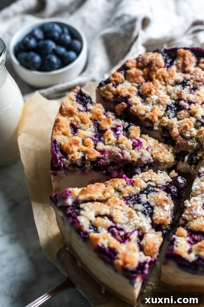 Multiple slices of vegan blueberry crumble cheesecake arranged on a serving plate.