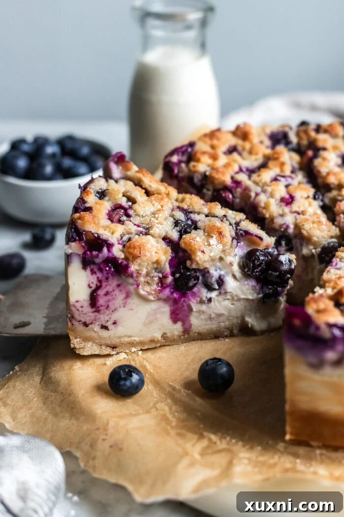A freshly sliced vegan blueberry crumble cheesecake, revealing its perfect layers.