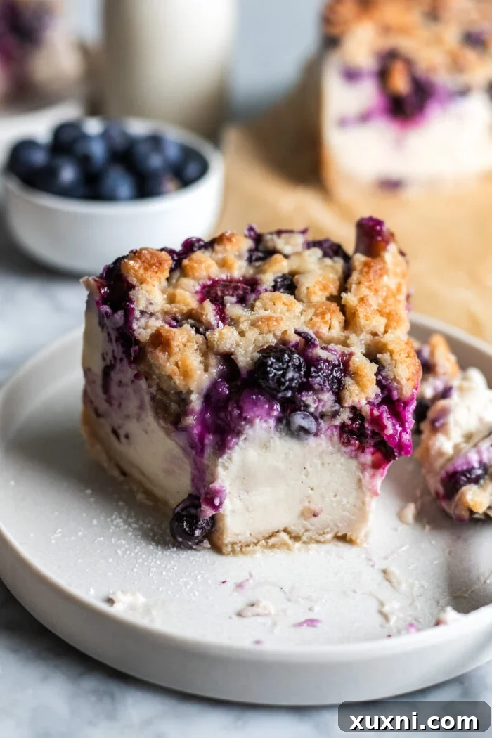 A close-up of a bitten slice of vegan blueberry crumble cheesecake on a plate, showing the rich layers.