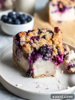 A delectable slice of vegan blueberry crumble cheesecake, showing a bite taken out, on a white plate.