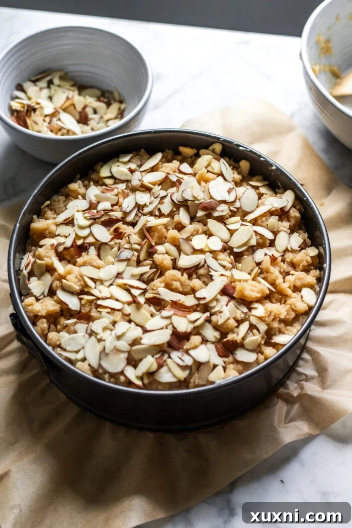 Unbaked vegan almond coffee cake in a springform pan, ready for the oven.