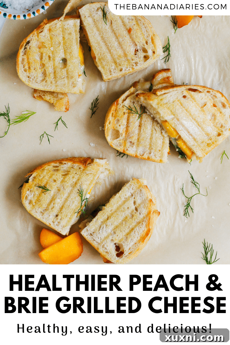 Pinterest image for brie and peach grilled cheese