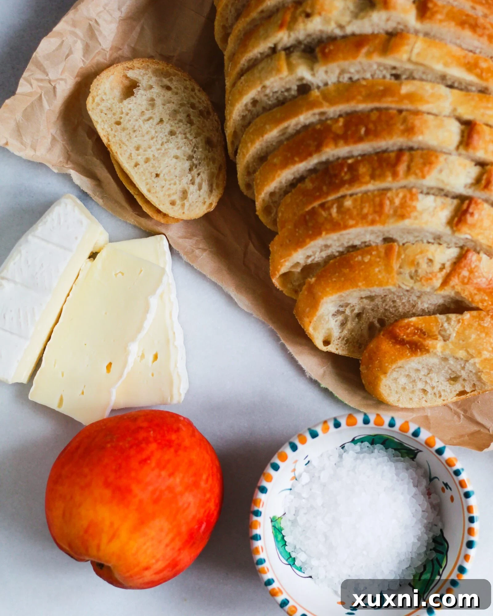sourdough, peaches, brie, and sea salt